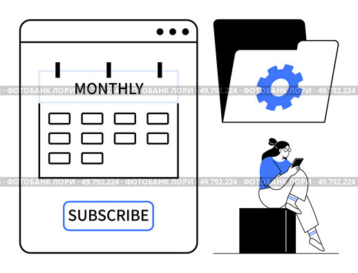 Calendar labeled Monthly with subscribe button, folder with gear icon, seated person using phone. Ideal for productivity, subscriptions, business, time management, digital tools, user engagement. Monthly Subscription Calendar with Folder Icon and Sitting Person Using Smartphone. Стоковая иллюстрация, агентство Ingram Publishing / Фотобанк Лори