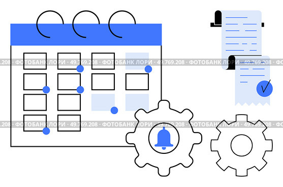 Calendar with marked dates on left, task list on right, two gear icons with bell symbol. Ideal for workflow optimization, scheduling, task management, reminders, productivity, organization. Calendar with Task List and Gear Symbols for Reminder and Workflow Management. Стоковая иллюстрация, агентство Ingram Publishing / Фотобанк Лори