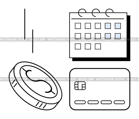 Calendar with multiple squares, single coin, and a credit card. Ideal for budgeting, financial planning, scheduling, time management, expense tracking financial education and reminders. Line. Financial Planning Essentials Calendar, Coin, and Credit Card for Budget Management and Scheduling. Стоковая иллюстрация, агентство Ingram Publishing / Фотобанк Лори