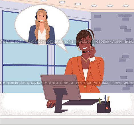Call center hotline, communication with client via network. Online dispatch worker, phone service operator. Remote service specialist with headphones. Woman customer support employee in office. Online dispatch worker operator of call center. Woman customer support service employee in office. Стоковая иллюстрация, агентство Ingram Publishing / Фотобанк Лори