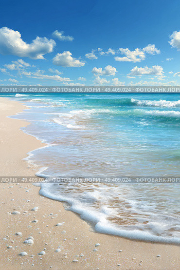 Calm Turquoise Waters Lapping Against the Sandy Shore Under a Clear Blue Sky in a Tropical Paradise. Стоковое AI-изображение, AI-художник Юлия Гапеенко / Фотобанк Лори