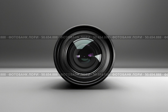 Camera lens showing glass and diaphragm blades on grey background. Стоковое AI-изображение, AI-художник Иван Рябоконь / Фотобанк Лори
