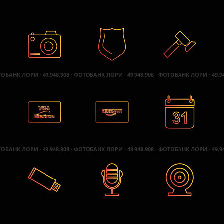 camera , sheild,  hammer , calender , amazon card , usb, microphone,  dart, visa icon, vector, design,  flat,  collection, style, creative,  icons. Стоковая иллюстрация, агентство Ingram Publishing / Фотобанк Лори