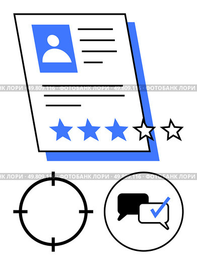 Candidate profile with 4-star rating, target and speech bubble icons with check mark. Ideal for performance evaluation, recruitment, competence analysis, feedback systems, HR analytics, skill. Candidate Profile with Rating Stars, Target and Communication Icons Representing Feedback and Evaluation. Стоковая иллюстрация, агентство Ingram Publishing / Фотобанк Лори