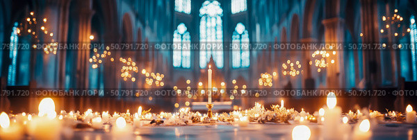 Candlelit Cathedral: A Serene Atmosphere of Faith and Tranquility. Стоковое AI-изображение, AI-художник Данила Большаков / Фотобанк Лори