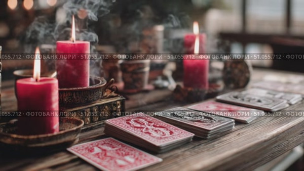 Candles and tarot cards create an enchanting atmosphere in a mystical setting. Стоковое AI-видео, аниматор Ekaterina Ismagilova / Фотобанк Лори
