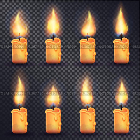 Candles. Fire Animation on Transparent Background. Collection of icons with candles. Fire animation on transparent background. Flame animated effect illustration in simple cartoon style. Eight yellow brightly burning candles. Flat design. Vector. Стоковая иллюстрация, агентство Ingram Publishing / Фотобанк Лори