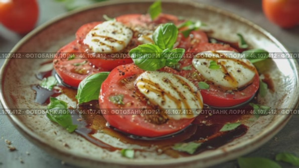 Caprese salad with ripe tomatoes, fresh mozzarella, and basil leaves drizzled with balsamic glaze on a rustic plate. Italian cuisine and gastronomic tour concept. Culinary video blog. Стоковое AI-видео, аниматор Ирина Михайличенко / Фотобанк Лори