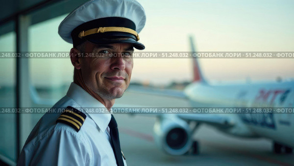 Captain in uniform with airport runway background. Authoritative yet approachable look with free space for airline promotional content or safety messages. Стоковое AI-изображение, AI-художник Светлана Леуто / Фотобанк Лори