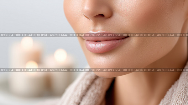 Captivating close-up of a woman's serene beauty in a tranquil environment. Пленительный крупный план безмятежной красоты женщины в спокойной обстановке. Стоковое AI-изображение, AI-художник Katsiaryna Repich / Фотобанк Лори