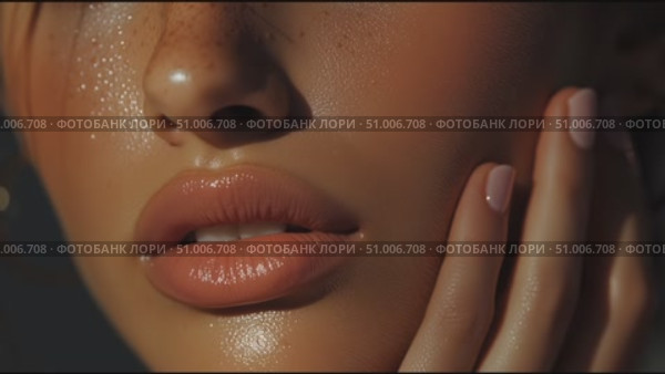 Captivating close-up showcasing natural beauty and radiant skin in soft lighting with a focus on lips and freckles. Стоковое AI-видео, аниматор Сергей Толмачёв / Фотобанк Лори