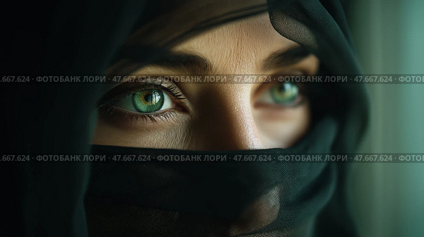 Captivating gaze of a woman in traditional attire by a window. Пленительный взгляд женщины в традиционном наряде у окна. Стоковое AI-изображение, AI-художник Katsiaryna Repich / Фотобанк Лори