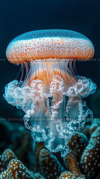 Captivating jellyfish specimen with intricate details, showcasing marine life's beauty underwater. Стоковое AI-изображение, AI-художник Данила Большаков / Фотобанк Лори