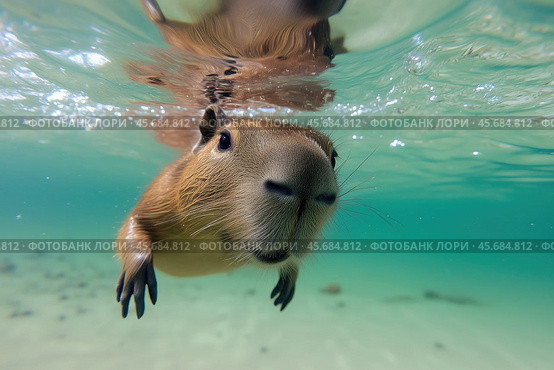 Capybara (Hydrochoerus hydrochaeris) swimming underwater. Стоковое AI-изображение, AI-художник Евгений Харитонов / Фотобанк Лори