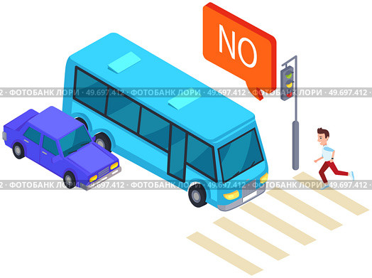 Car and bus near pedestrian crossing on street. Drivers stop in front of crosswalk with pedestrian. Man crossing road, running to stop signal. Movement and transportation in city, road marking. Car and bus near pedestrian crossing on street. Drivers stop in front of crosswalk with man. Стоковая иллюстрация, агентство Ingram Publishing / Фотобанк Лори