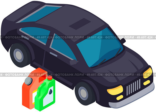 Car near fuel canisters, containers of gasoline or engine oil. Refueling automobile, ensuring operation of vehicle. Expensive premium auto refuels with petrol, benzine. High quality car fuel. Car near fuel canister, container of gasoline or engine oil. Refueling automobile, auto with petrol. Стоковая иллюстрация, агентство Ingram Publishing / Фотобанк Лори