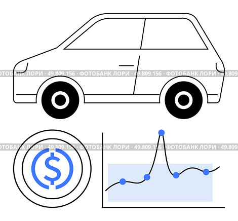 Car outline, dollar sign in circle, graph with blue points. Ideal for financial analysis, automotive insights, cost evaluation, transportation economics, data visualization, trend tracking. Analyzing Car Costs Understanding Financial Metrics for Automotive Decisions. Стоковая иллюстрация, агентство Ingram Publishing / Фотобанк Лори