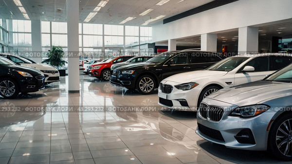 Car showroom with a magnificent view of the cars for sale. car dealer with many cars indoors. Стоковое AI-изображение, AI-художник Терехова Марина / Фотобанк Лори