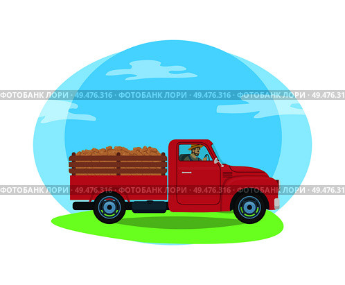 Car with trailer transportation of farming agricultural production. Isolated vector with man sitting in lorry transporting cargo and load on road. Car Trailer Transportation Vector Illustration. Стоковая иллюстрация, агентство Ingram Publishing / Фотобанк Лори