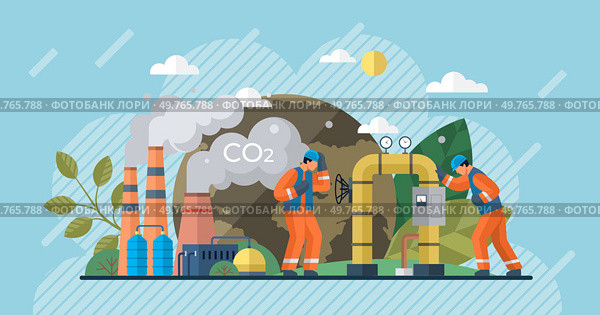 Carbon dioxide vector illustration. The co2 problem necessitates reevaluation human impact on environment Industrial emissions contribute significantly to poisoning atmosphere with carbon dioxide. Carbon dioxide. The greenhouse gas effect exacerbates global warming concerns. Стоковая иллюстрация, агентство Ingram Publishing / Фотобанк Лори