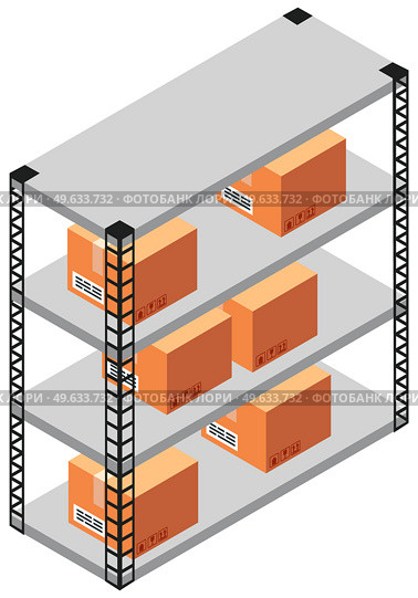 Cardboard containers and boxes with goods isolated vector illustration. Containers stand on shelves. Shelving with gifts in delivery service. Warehouse for storing parcels for shipment from china. Shelving with gifts in delivery service. Warehouse for storing parcels for shipment from china. Стоковая иллюстрация, агентство Ingram Publishing / Фотобанк Лори