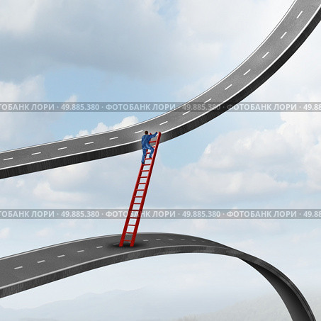 Career move business concept as a businessman climbing a ladder of success away from a road going down to a path rising up as a metaphor for timing strategy and seeking new promising opportunities in the market. Стоковое фото, агентство Ingram Publishing / Фотобанк Лори