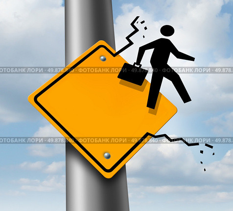 Career promotion business concept as a metaphor for employment aspirations as an icon of a businessman breaking out of a yellow traffic road sign as an achievement symbol of job success or leadership. Стоковое фото, агентство Ingram Publishing / Фотобанк Лори