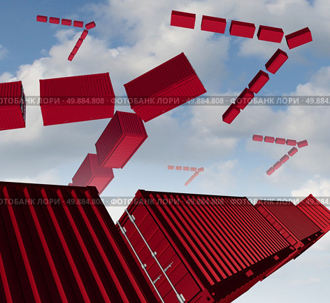 Cargo air shipping concept as a group of red transport containers organized in the shape of a bird flock migrating to exporting or importing to new markets as an icon for distribution of goods management. Стоковое фото, агентство Ingram Publishing / Фотобанк Лори