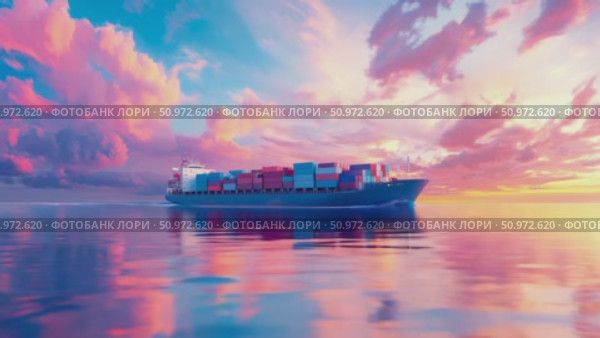 Cargo vessel gracefully navigates the tranquil sea at dawn under a sky ablaze with vibrant hues, reflecting a sense of serene power and global commerce. Стоковое AI-видео, аниматор Данила Большаков / Фотобанк Лори