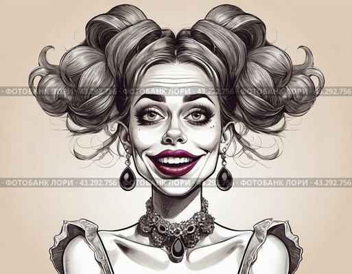 Caricature of woman with mischievous smile. Large eyes and exaggerated features suggest a playful and perhaps slightly sinister character. Amusement, plotting something. Hairstyle two curled ponytails. Стоковое AI-изображение, AI-художник Юлия Петровская / Фотобанк Лори
