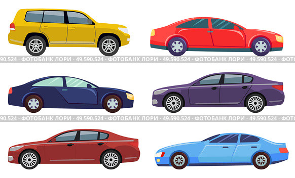 Cars automobile vector, isolated set of transport. Transportation, jeep hotrod, ecologically friendly auto, machine with motor engine traveling illustration in flat style design for web, print. Collection of Cars Vehicles for Driving Riding. Стоковая иллюстрация, агентство Ingram Publishing / Фотобанк Лори