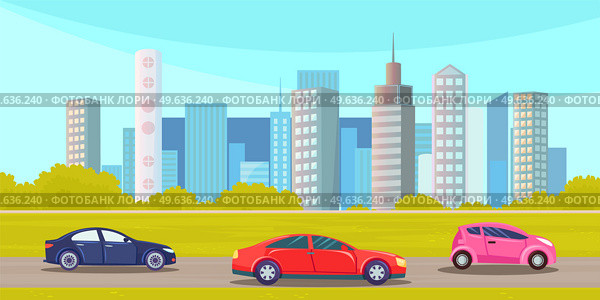 Cars drive on an asphalt road against background of tall buildings of city landscape. Urban road and street vehicle summertime flat vector illustration. Automobile transport in metropolis, traffic. Cars drive on an asphalt road against background of tall buildings of city landscape. Auto transport. Стоковая иллюстрация, агентство Ingram Publishing / Фотобанк Лори