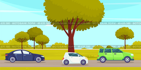 Cars drive on an asphalt road in countryside against green forest with large trees. Country road and street vehicle summertime flat vector. Car tourism, family auto trip, journey, automobile transport. Cars drive on an asphalt road in countryside against green forest with large trees. Auto transport. Стоковая иллюстрация, агентство Ingram Publishing / Фотобанк Лори