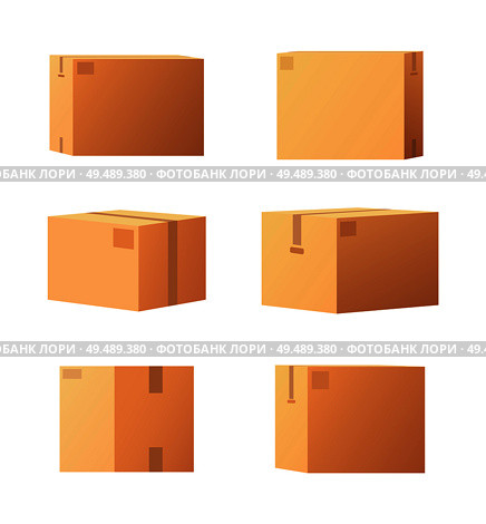 Carton packages with adhesive type set of isolated icons vector. Containers made of cardboard, packaging square objects for storage and items keeping. Carton Packages with Adhesive Type Set Vector. Стоковая иллюстрация, агентство Ingram Publishing / Фотобанк Лори