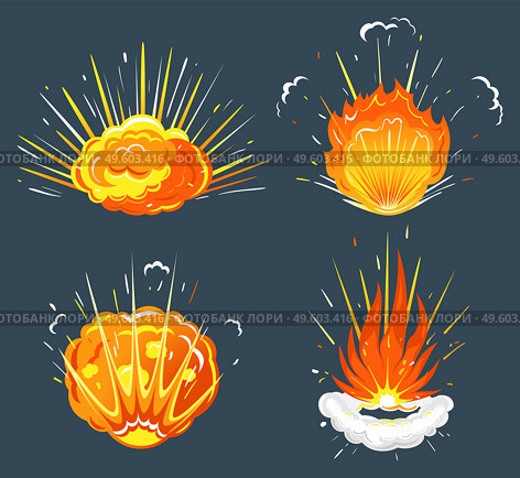 Cartoon explosion, exploding bomb, atomic explode effect and comic explosions smoke clouds. Destruction animation, fire or flame splash. Dynamite burst and volcanic eruption vector illustrations. Exploding Bomb, Cartoon Explosions Isolated Icons. Стоковая иллюстрация, агентство Ingram Publishing / Фотобанк Лори