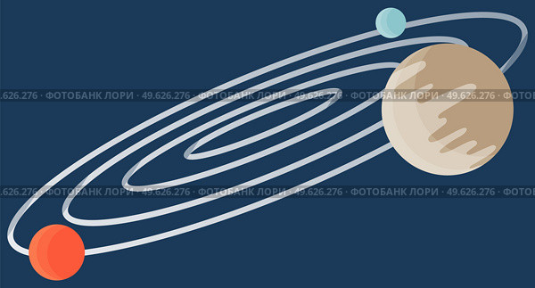 Cartoon fantastic planet on dark blue space background. Saturn made of gases with ring of ice and dust. The planets of the solar system are moving in a circle cartoon flat vector cosmic object. Cartoon fantastic planet on dark blue space background. Saturn made of gases with ring of ice. Стоковая иллюстрация, агентство Ingram Publishing / Фотобанк Лори