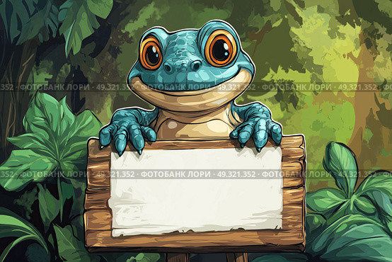 Cartoon frog with blank signboard in jungle background illustration for children. Back to school concept. Мультяшная лягушка с пустой вывеской на фоне джунглей - иллюстрация для детей. Концепция возвращения в школу. Стоковое AI-изображение, AI-художник Katsiaryna Repich / Фотобанк Лори