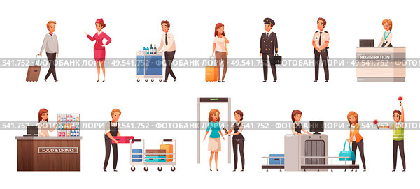 Cartoon icons set with passengers and staff characters in different situations in airport isolated vector illustration. Стоковая иллюстрация, агентство Ingram Publishing / Фотобанк Лори