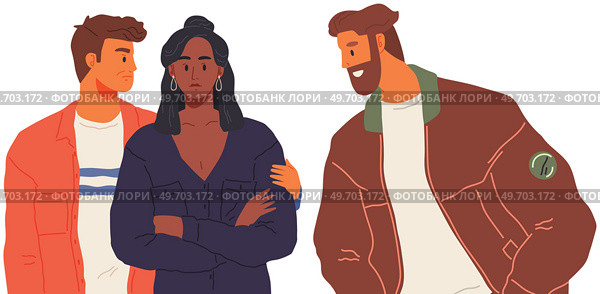 Cartoon man woman characters quarreling, arguing in anger and disagreement, dispute of husband and wife isolated on white. Conflicting friends. Angry quarrel of couple people, stress family problem. Conflicting friends. Angry quarrel of couple people, stress family problem father scolding teenagers. Стоковая иллюстрация, агентство Ingram Publishing / Фотобанк Лори