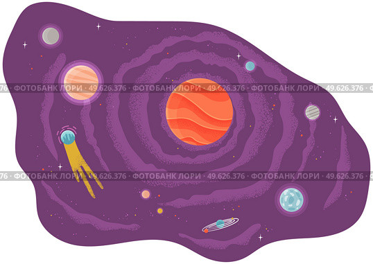 Cartoon red fantastic planet on lilac space background with flying meteorites and comets. Satellites and stars circle around planet in Solar system cartoon cosmic astronomic object in outer space. Solar system of planets, vector illustration with large and small celestial bodies flying in space. Стоковая иллюстрация, агентство Ingram Publishing / Фотобанк Лори