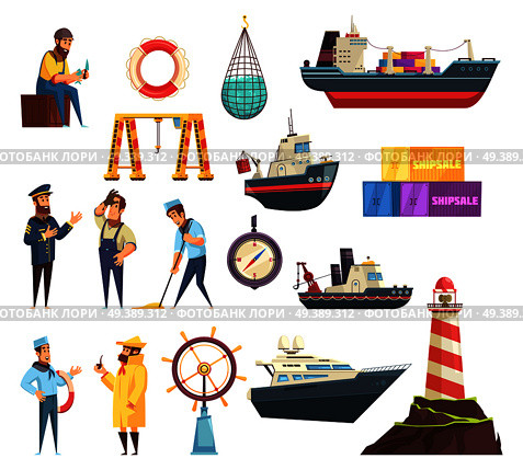 Cartoon set of sailors, captain, ships and nautical elements including helm, beacon, fishing net isolated vector illustration. Sailors And Ships Nautical Set. Стоковая иллюстрация, агентство Ingram Publishing / Фотобанк Лори