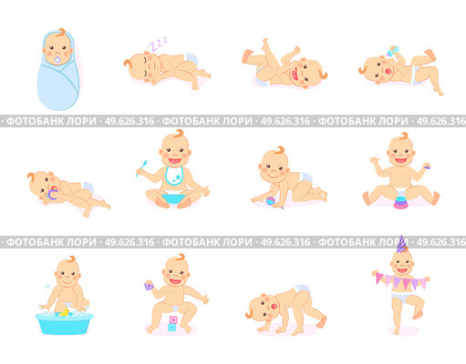 Cartoon set with cute little babies in diaper. Happy toddler plays with toy, birthday of baby, child learning to walk, baby smiling, child sits on potty, toddler crawling on the floor. Little kid. Cartoon Set with Cute Little Babies in Diaper. Стоковая иллюстрация, агентство Ingram Publishing / Фотобанк Лори