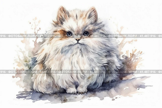 Cartoon white kitten on a white background, watercolor, illustration, watercolor style, Generative AI. Стоковое AI-изображение, AI-художник Анна Кривицкая / Фотобанк Лори