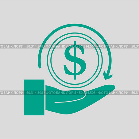 Cash Back Coin To Hand Icon. Green on Gray Background. Vector Illustration. Стоковое фото, агентство Ingram Publishing / Фотобанк Лори