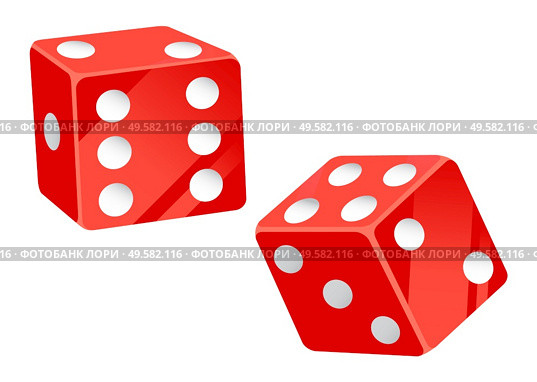 Casino gambling elements vector, isolated red dice with dots flat style. Tossing cubes to see result, betting and playing on money in gambler place. Casino Dice Playing Cubes with Dots Number Vector. Стоковая иллюстрация, агентство Ingram Publishing / Фотобанк Лори