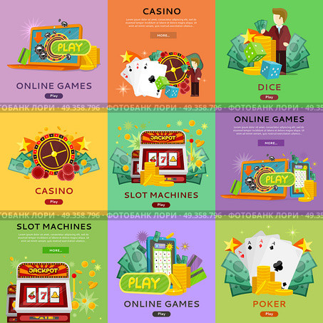 Casino Gambling Website Templates Set. Casino, slot machines, dice, poker and online games banners. European roulette wheel, chips, croupier, craps dice, slot machine and playing cards on color background. Banner for online casino. Стоковая иллюстрация, агентство Ingram Publishing / Фотобанк Лори