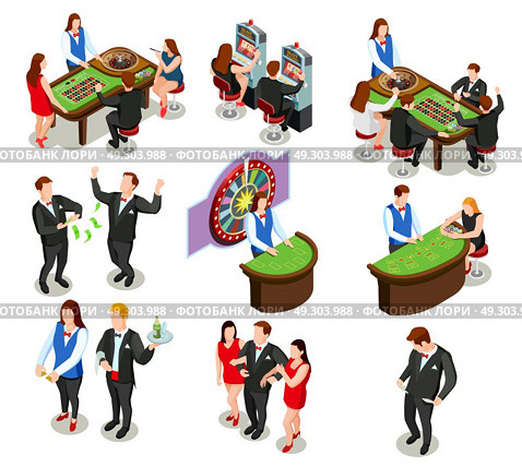 Casino Isometric Decorative Icons . Casino isometric colored decorative icons with croupier and gamers playing roulette poker and slot machine isolated vector illustration. Стоковая иллюстрация, агентство Ingram Publishing / Фотобанк Лори