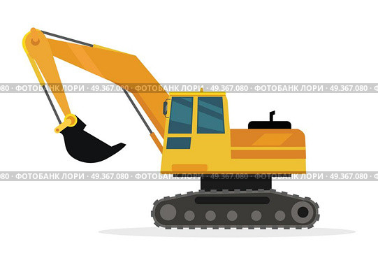 Caterpillar Building Crane Isolated on White.. Building crane isolated on white. Caterpillar crane vector banner. City building concept in flat design. Construction machines. Transport and moving materials, earthworks illustration for advertise. Стоковая иллюстрация, агентство Ingram Publishing / Фотобанк Лори