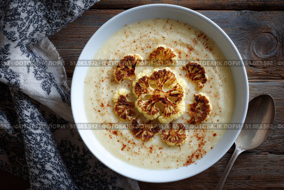 Cauliflower creamy soup with baked cauliflower florets on the top in a white bowl on a dark wood tabletop. Restaurant style dish. Hot, delicious plate of cream-of-cauliflower soup with melted cheese. Стоковое AI-изображение, AI-художник Марина Демидюк / Фотобанк Лори