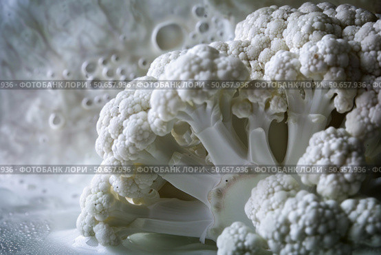 Cauliflower florets emerging from water with bubbles, creating an abstract food concept. Стоковое AI-изображение, AI-художник Иван Рябоконь / Фотобанк Лори